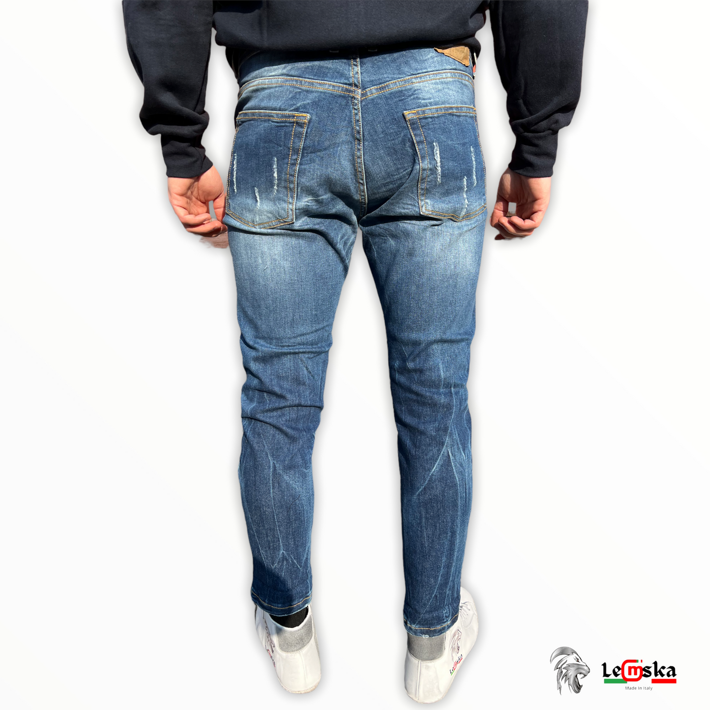 JEANS SCURO SLIM FIT Con Graffi e Patch Leone Made in Italy