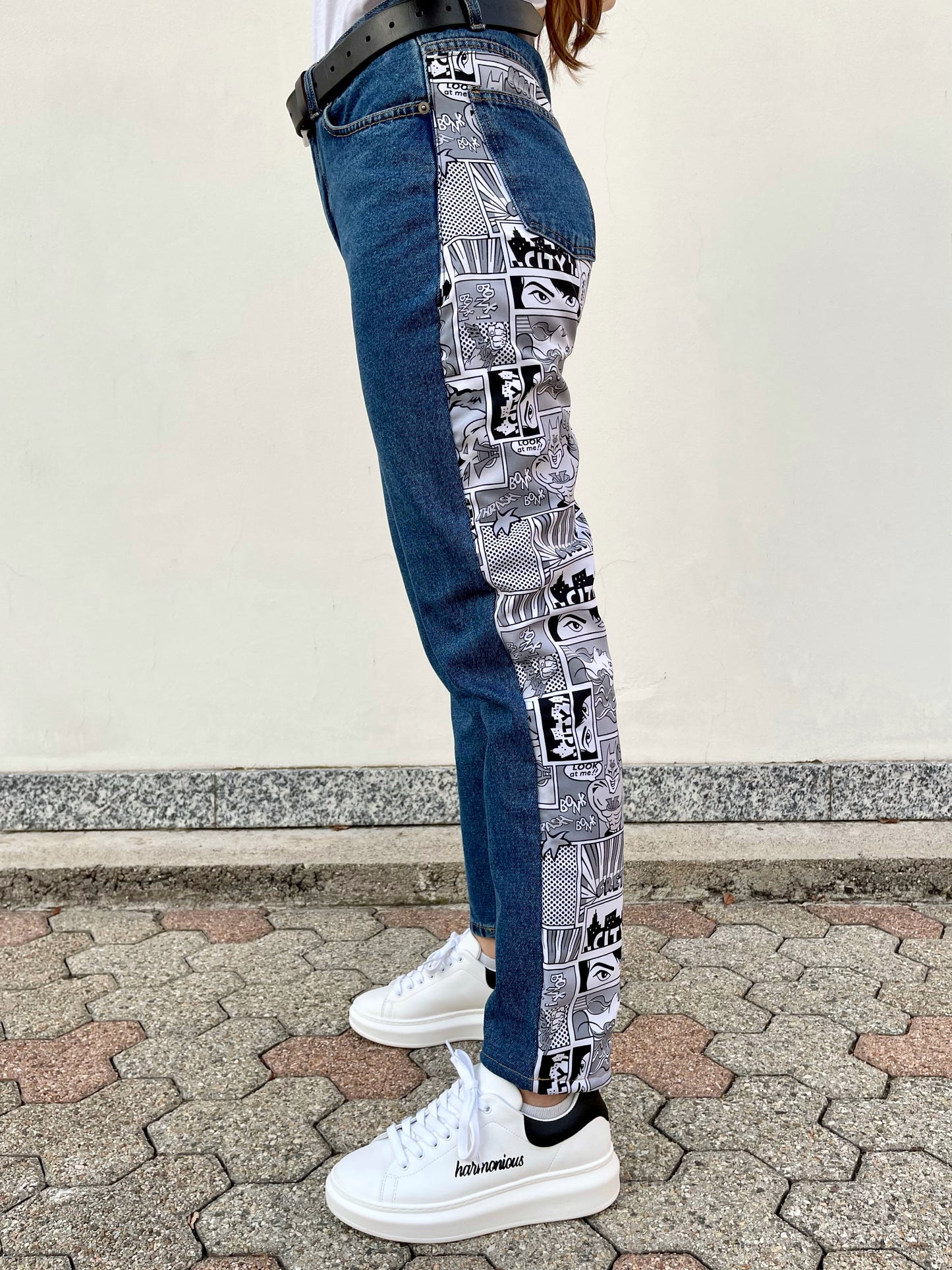 JEANS STAMPA FUMETTI DONNA SCURI Made in Italy