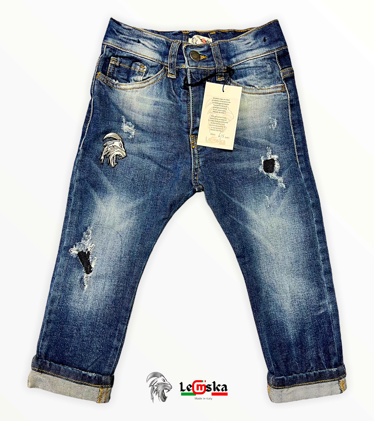 JEANS SCURO SLIM FIT Bimbo Con Graffi e Patch Leone Made in Italy