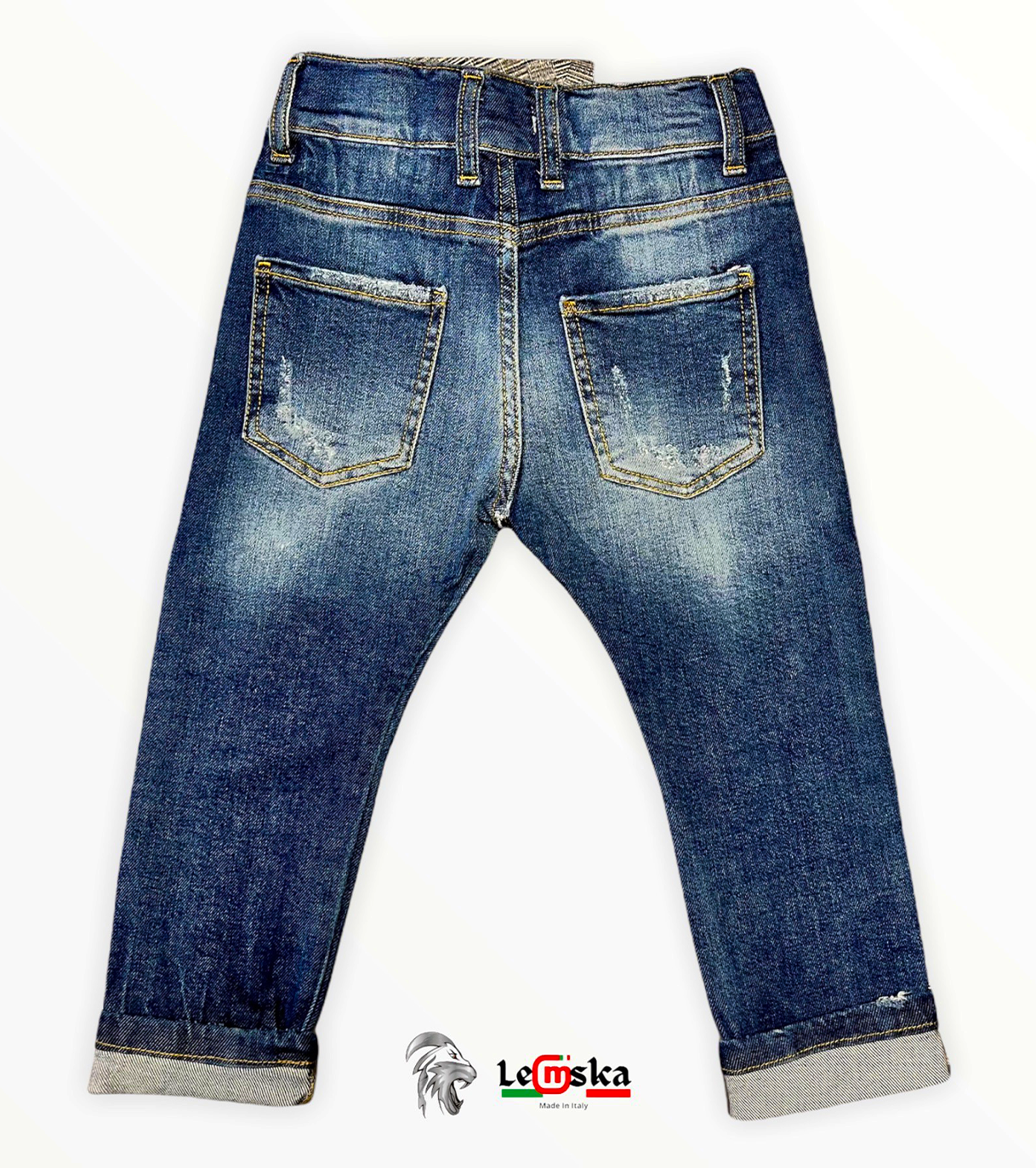 JEANS SCURO SLIM FIT Bimbo Con Graffi e Patch Leone Made in Italy