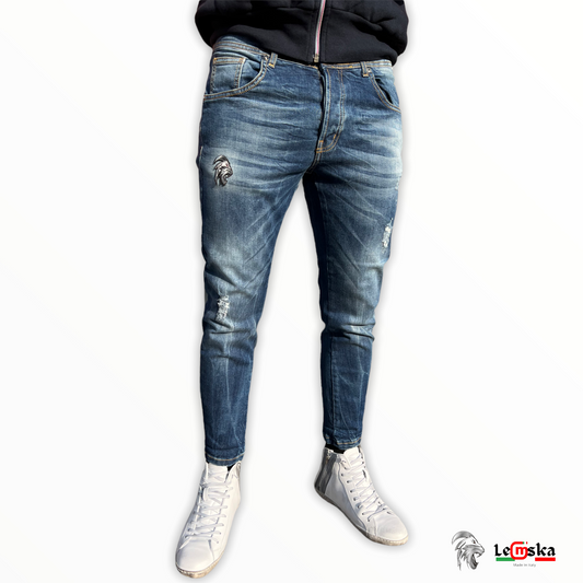 JEANS SCURO SLIM FIT Con Graffi e Patch Leone Made in Italy