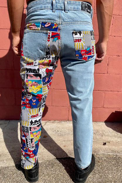 JEANS UOMO STAMPA FUMETTI CHIARI Made in Italy
