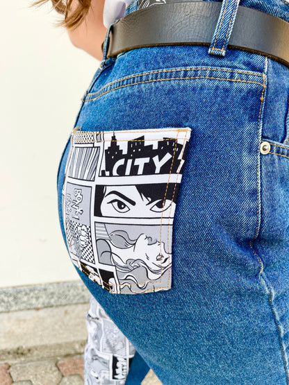 JEANS STAMPA FUMETTI DONNA SCURI Made in Italy