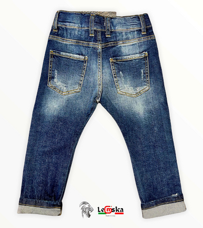JEANS SCURO SLIM FIT Bimbo Con Graffi e Patch Leone Made in Italy